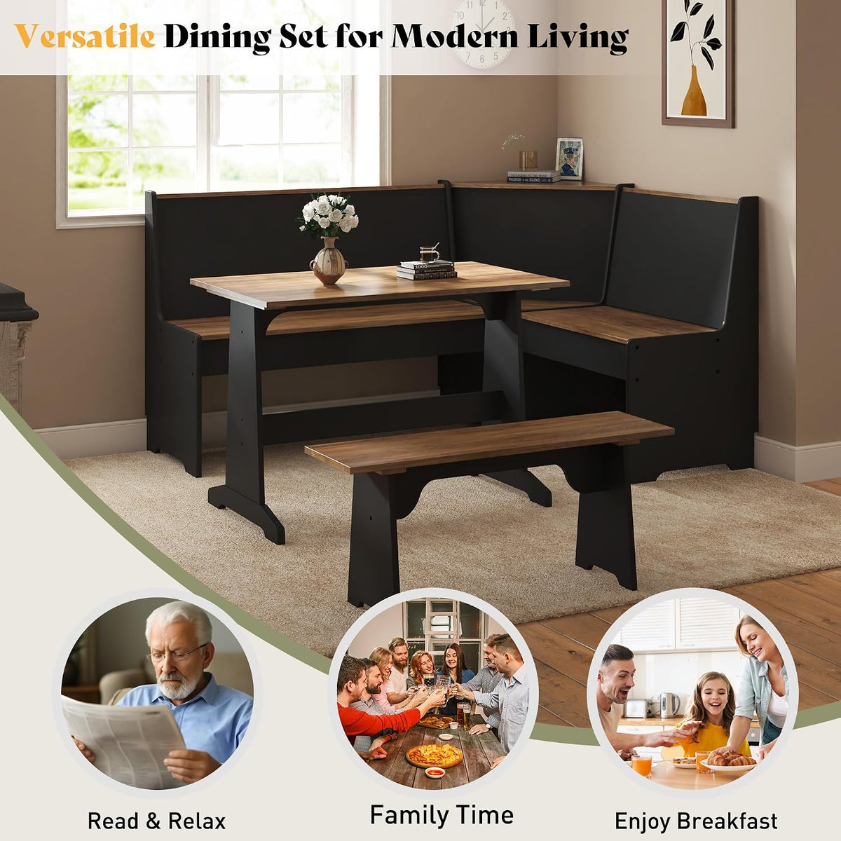 Black oak corner dining set staged in a cozy room from a straight-on perspective