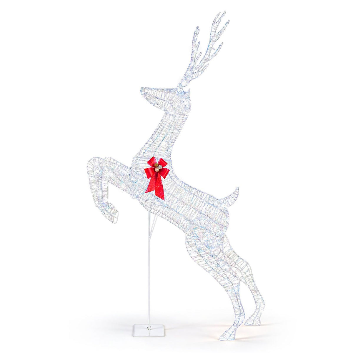 Full-body view of a leaping wireframe reindeer with a red bow against a white background.