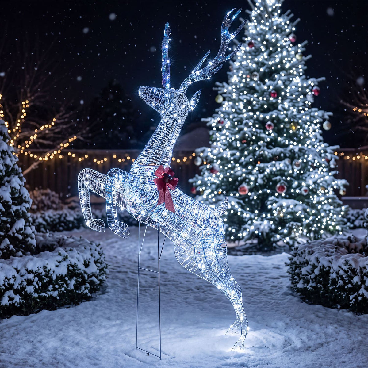 Illuminated wireframe reindeer with a red bow leaping in a snowy garden beside a lit Christmas tree.