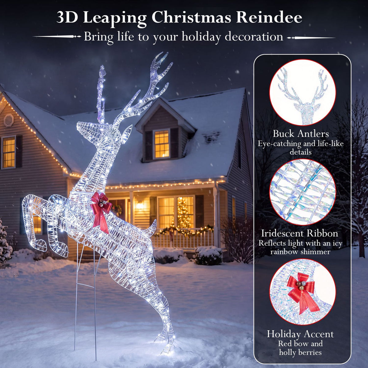 A lighted reindeer leaps across a snowy yard in front of a warmly lit house.
