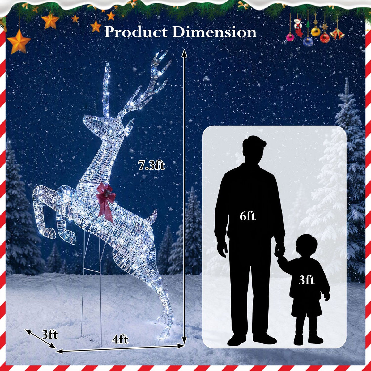 A lighted reindeer decoration leaps in a snowy scene beside a human silhouette for scale.