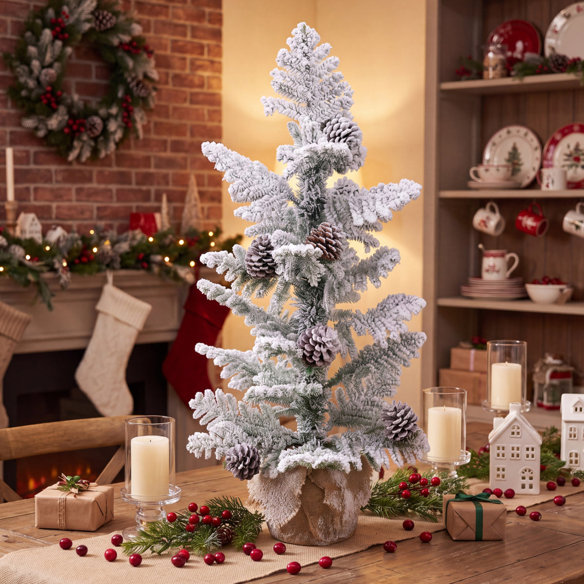 Snowy tabletop tree with pinecones displayed on a festive dining table.