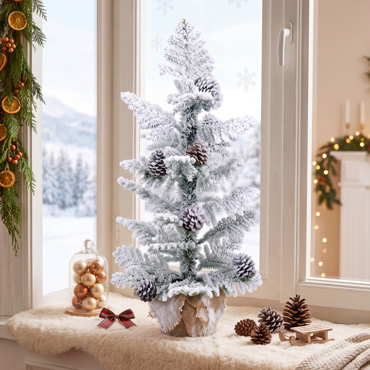 Snow-flocked tabletop tree with pinecones on a window seat beside winter decorations.