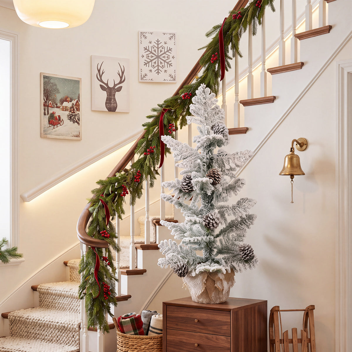Snow-flocked tabletop tree displayed on a wooden chest beside a decorated staircase.