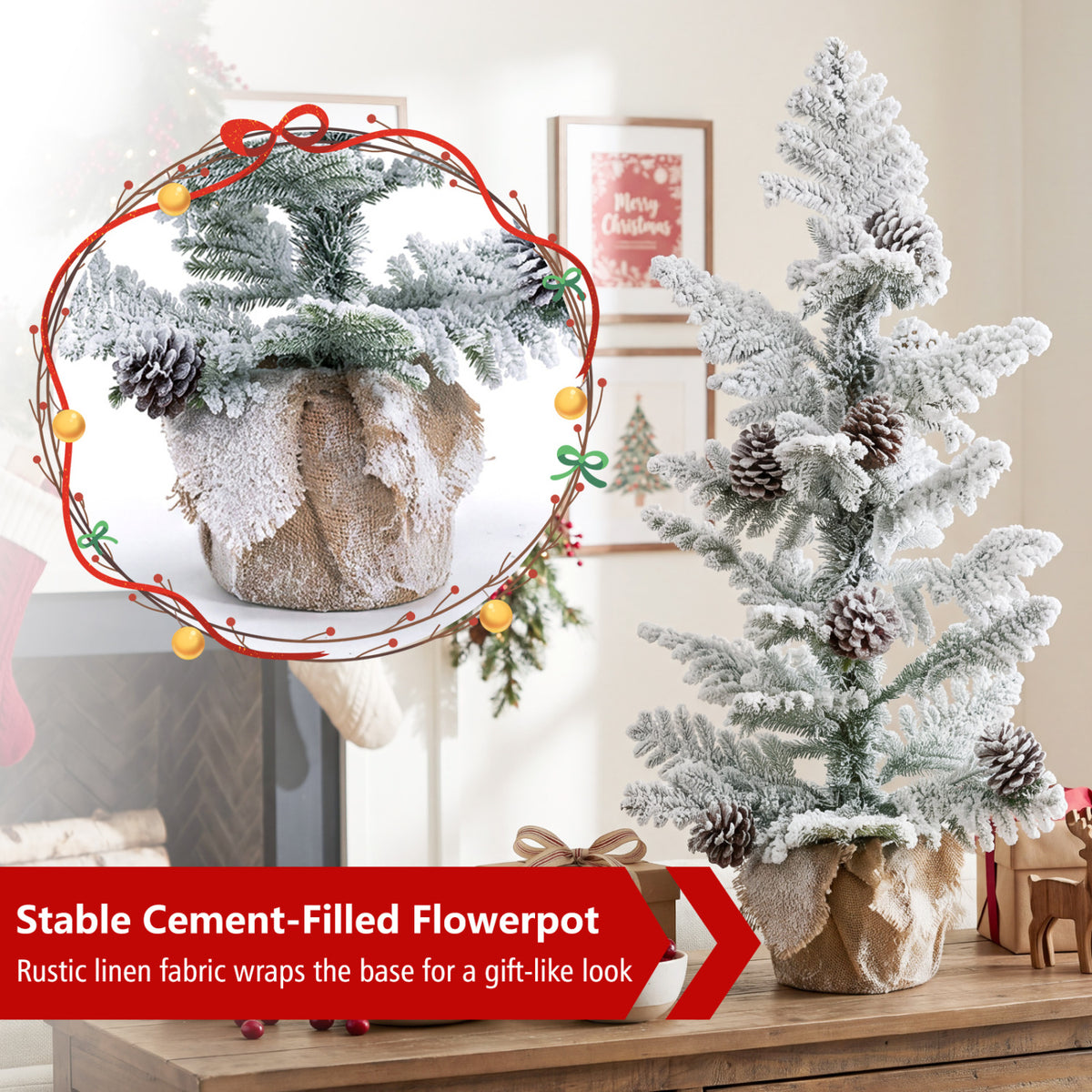 Close-up of the tree’s fabric-wrapped base alongside the full snow-flocked tree.