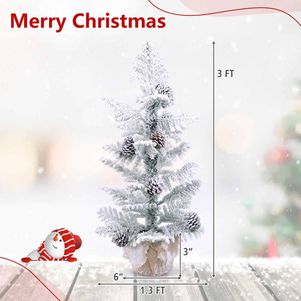 Snow-flocked tabletop tree shown beside vertical and horizontal measurement arrows.