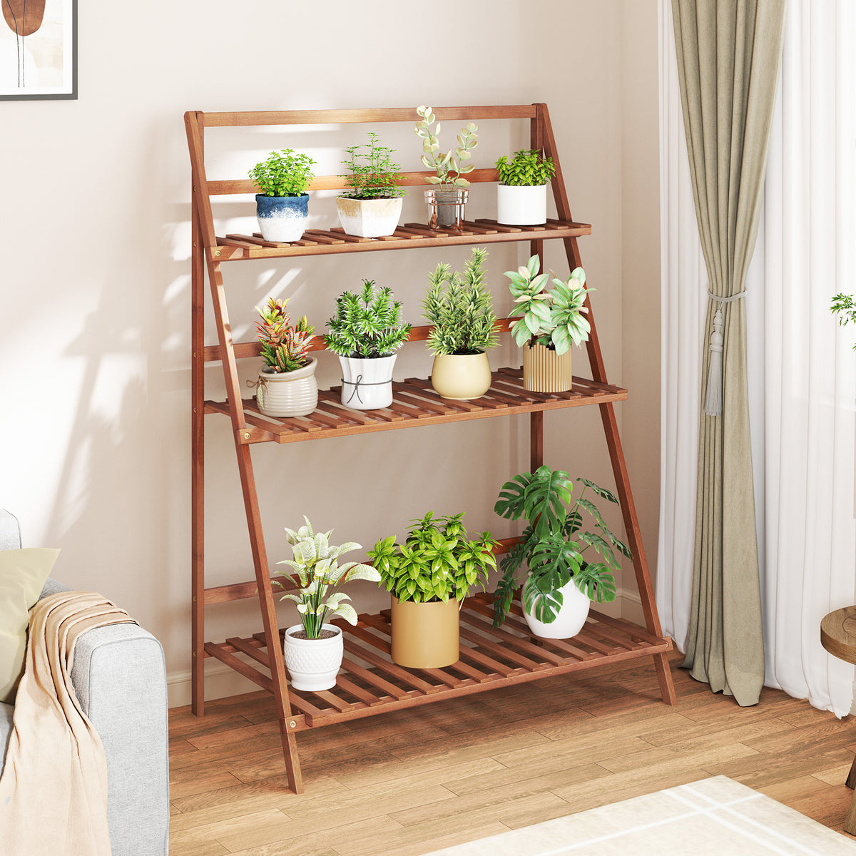 3-Tier Bamboo Ladder Shelf Foldable Plant Flower Bookshelf, Brown