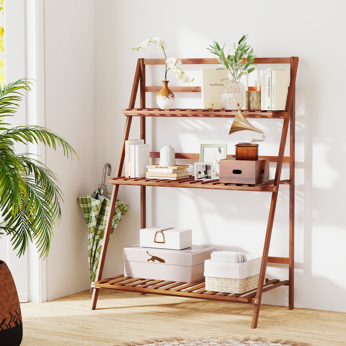 3-Tier Bamboo Ladder Shelf Foldable Plant Flower Bookshelf, Brown