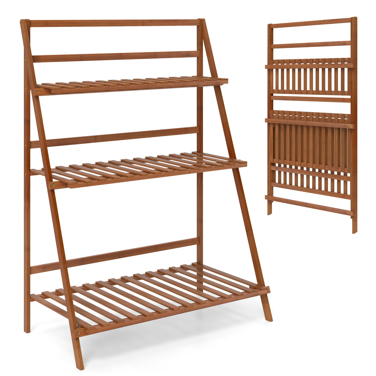 3-Tier Bamboo Ladder Shelf Foldable Plant Flower Bookshelf, Brown