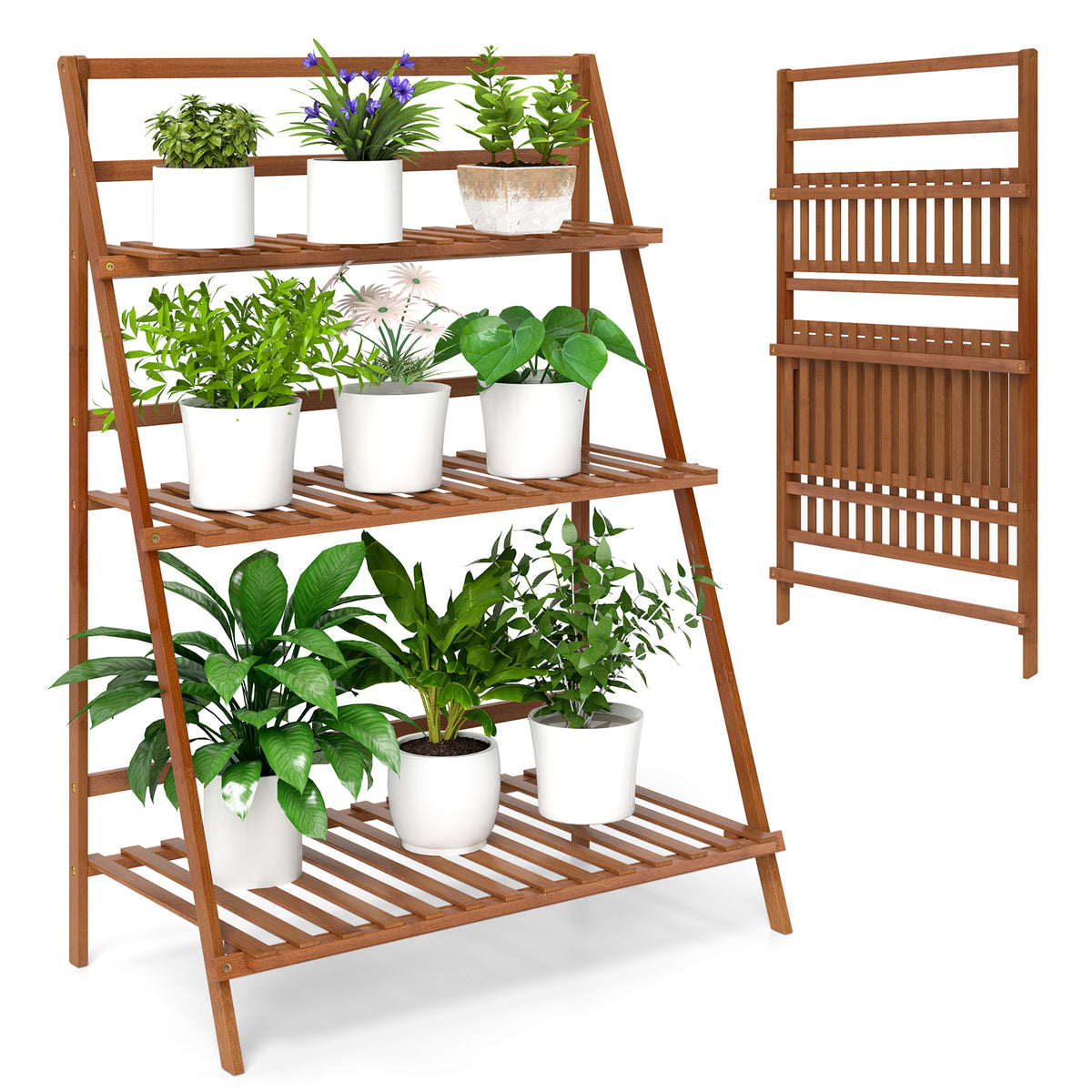 3-Tier Bamboo Ladder Shelf Foldable Plant Flower Bookshelf, Brown