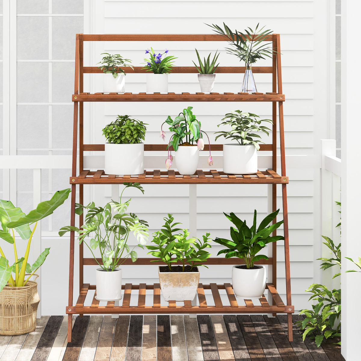 3-Tier Bamboo Ladder Shelf Foldable Plant Flower Bookshelf, Brown