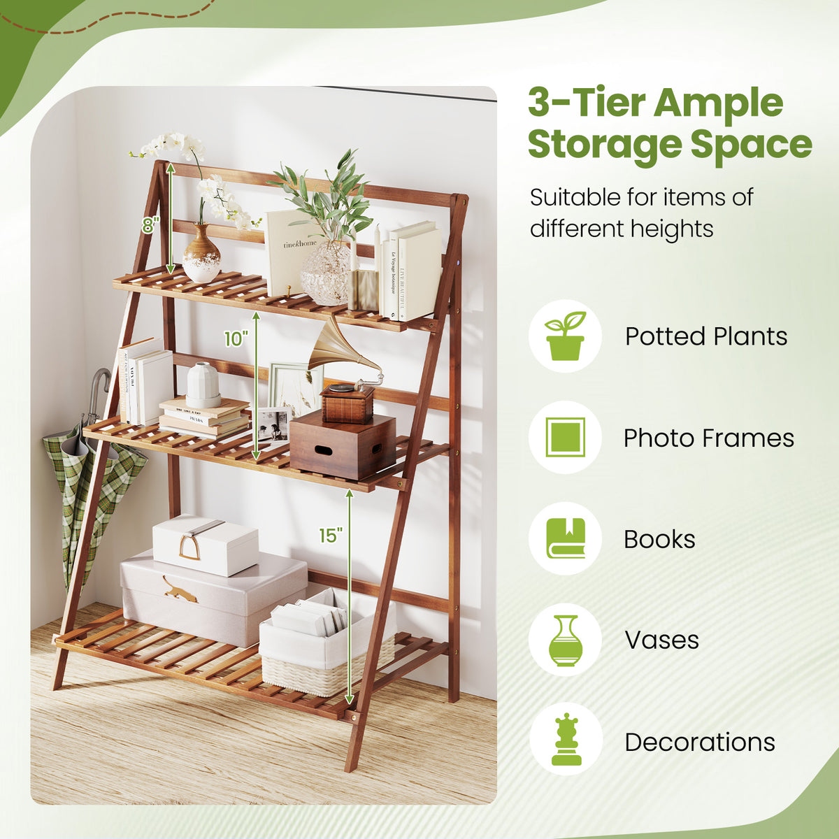 3-Tier Bamboo Ladder Shelf Foldable Plant Flower Bookshelf, Brown