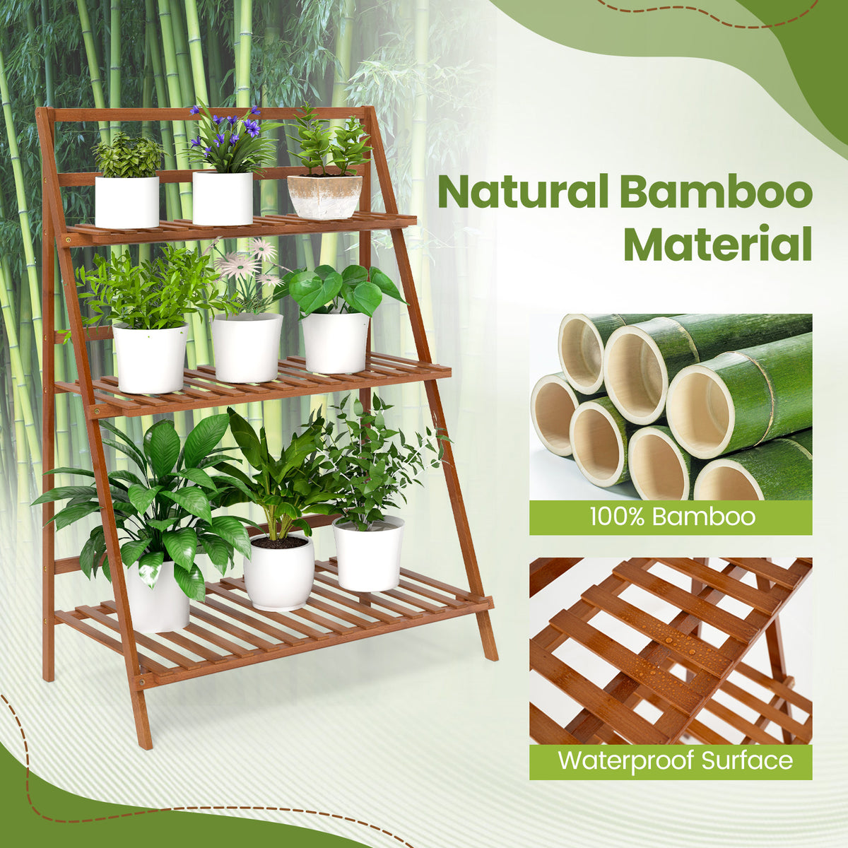3-Tier Bamboo Ladder Shelf Foldable Plant Flower Bookshelf, Brown