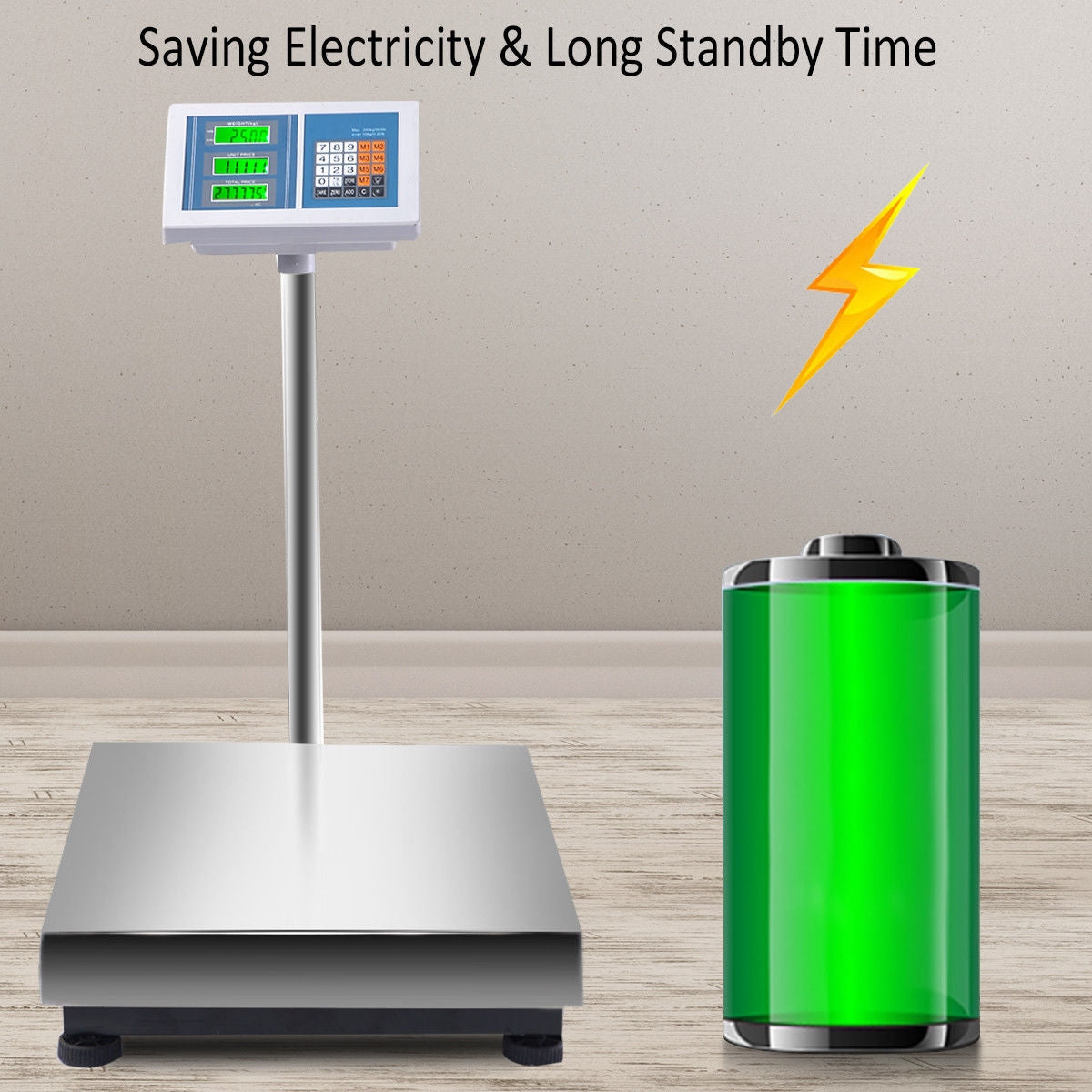 Digital platform scale beside a glowing green battery illustration.