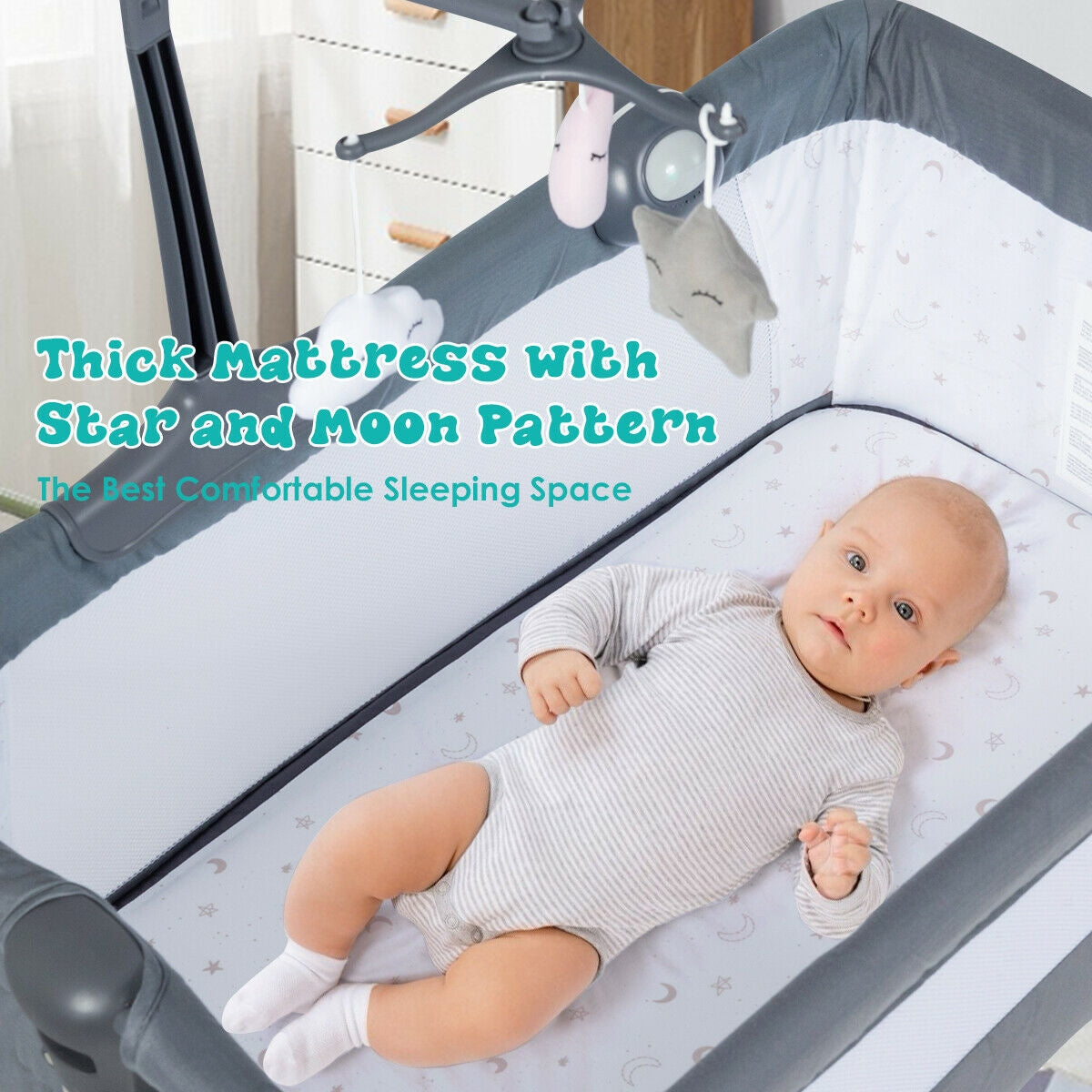 Height Adjustable Baby Side Crib with Music Box & Toys, Dark Gray