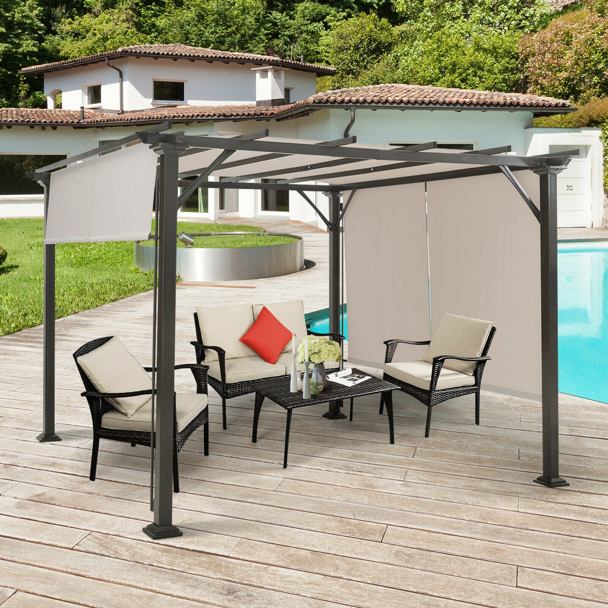 A dark-framed gazebo with taupe canopy panels shelters a patio seating set beside a swimming pool.