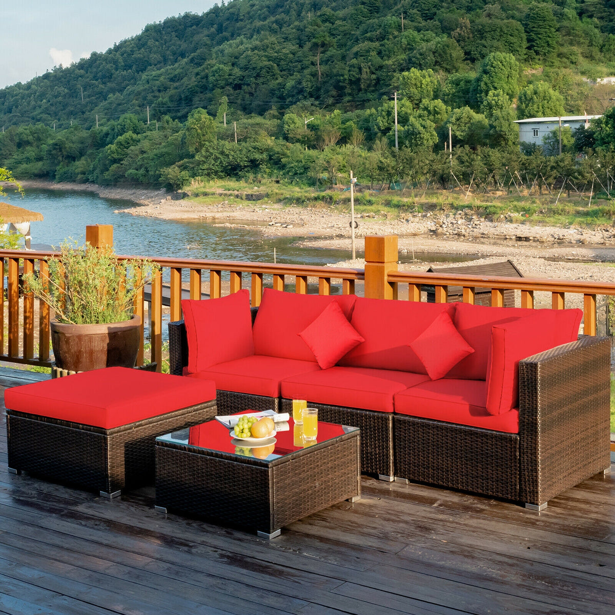 5 Pcs Outdoor Patio Rattan Furniture Set Sectional Conversation with Navy Cushions, Red