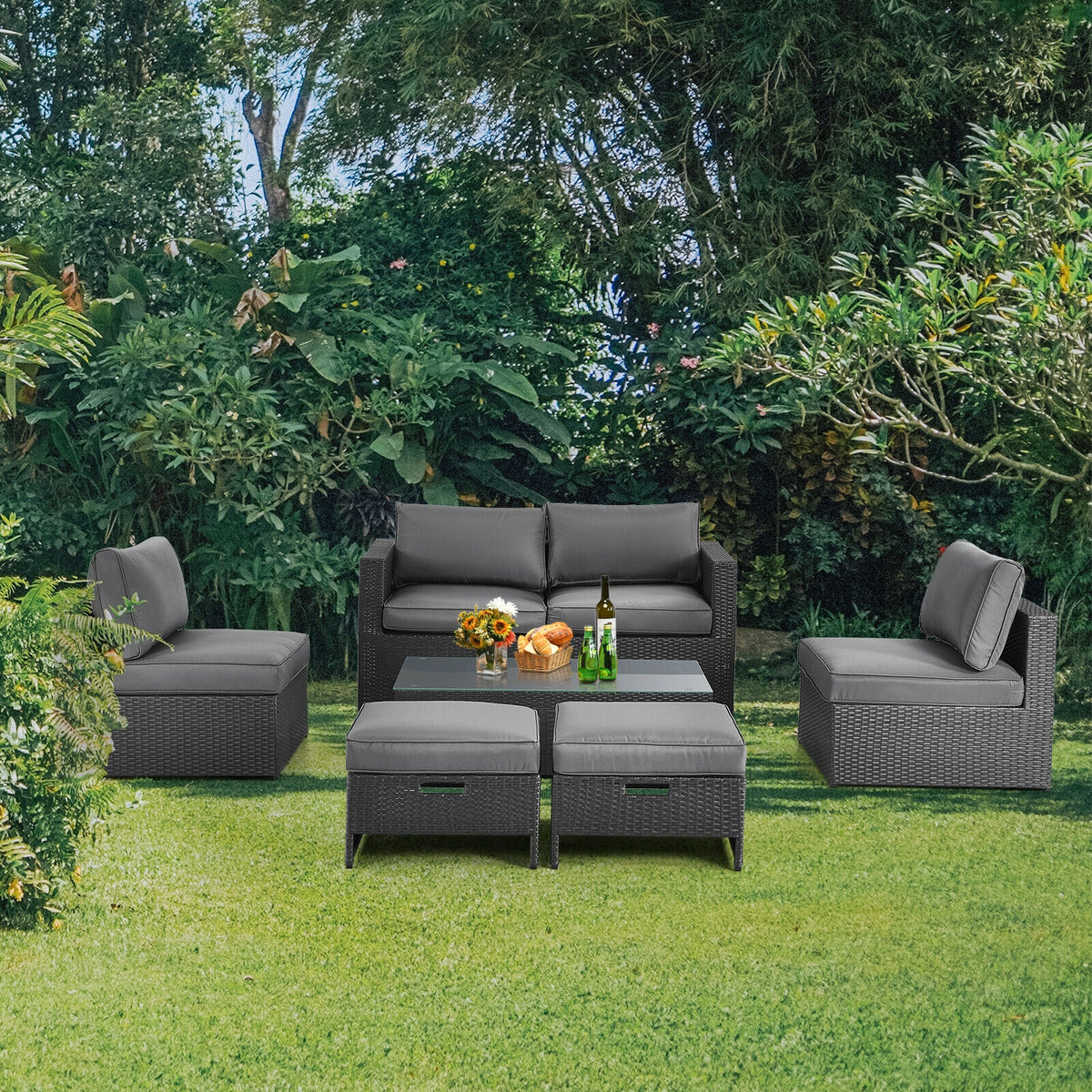6 Pieces Patio Rattan Furniture Set with Glass Table and Cushioned Seat, Gray