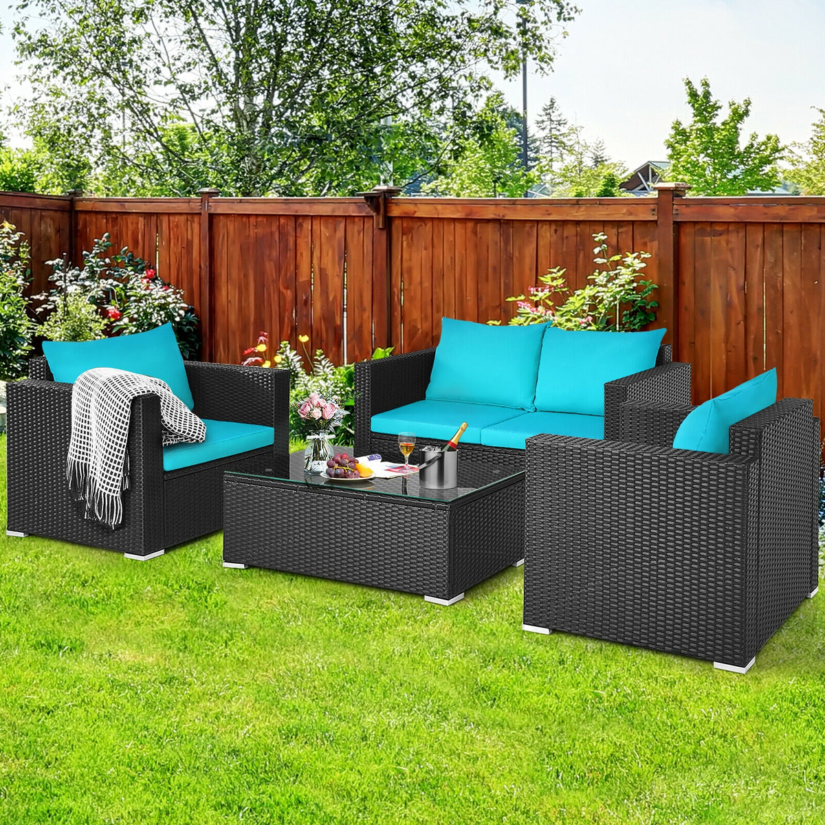 4Pcs Patio Rattan Cushioned Furniture Set