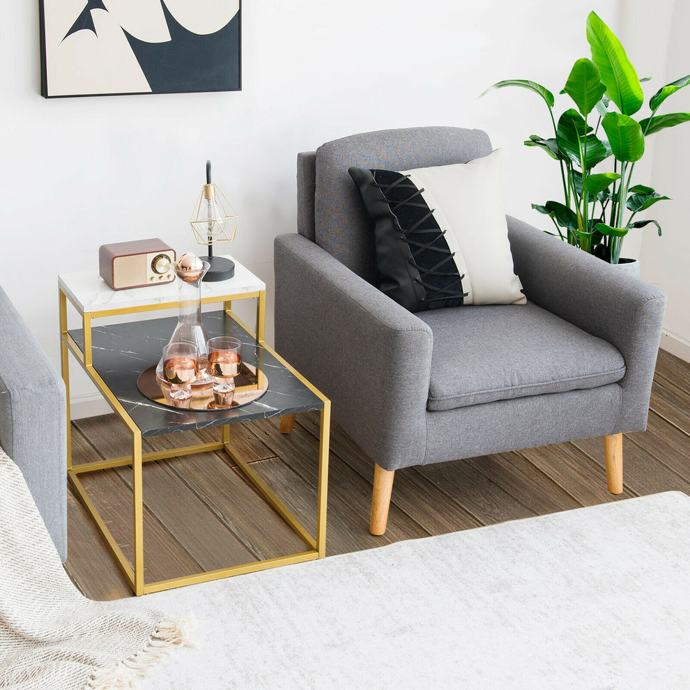 2 Tier End Side Table with Metal Frame and Storage Shelf for Living Room, White