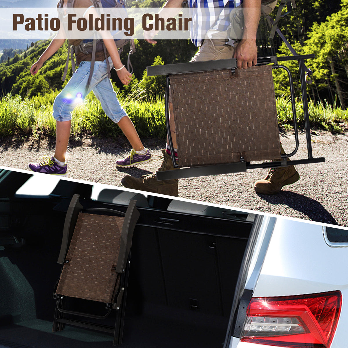 A person carries a folded chair outdoors, with another folded chair shown inside a car trunk.