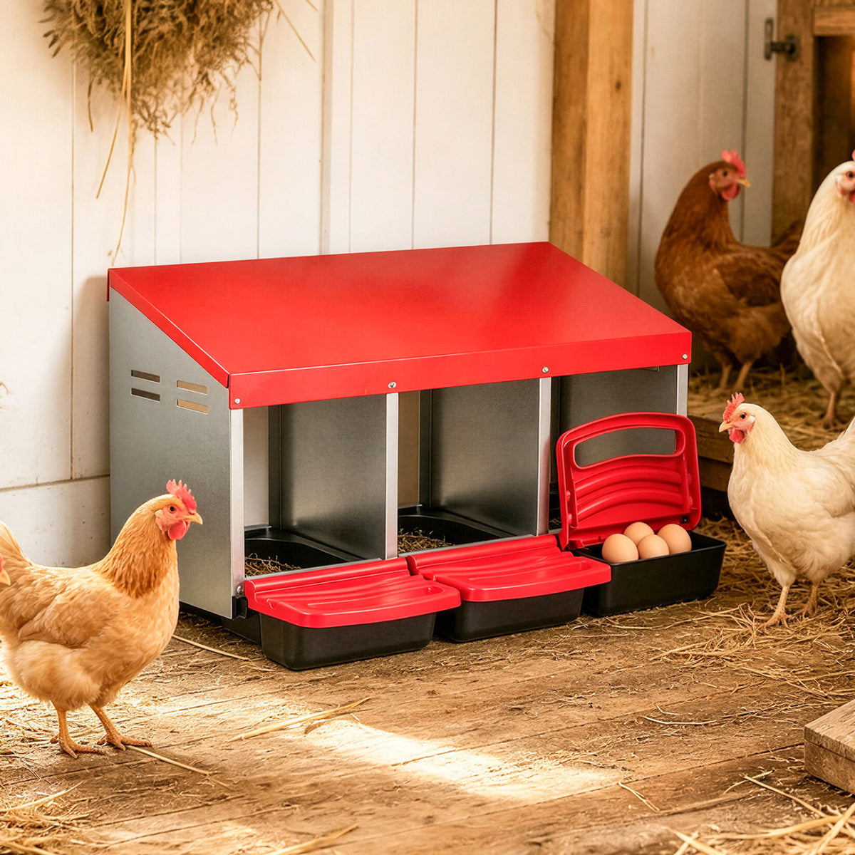 Red-and-silver nesting box with three front trays in a chicken coop with hens nearby.