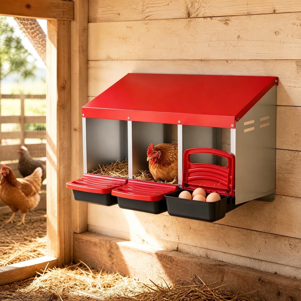 Three-compartment nesting box mounted on a coop wall, with a hen inside and eggs in the trays.