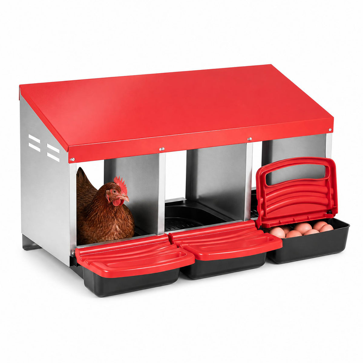 Red-roofed, silver nesting box with three open compartments and removable front trays against a white background.