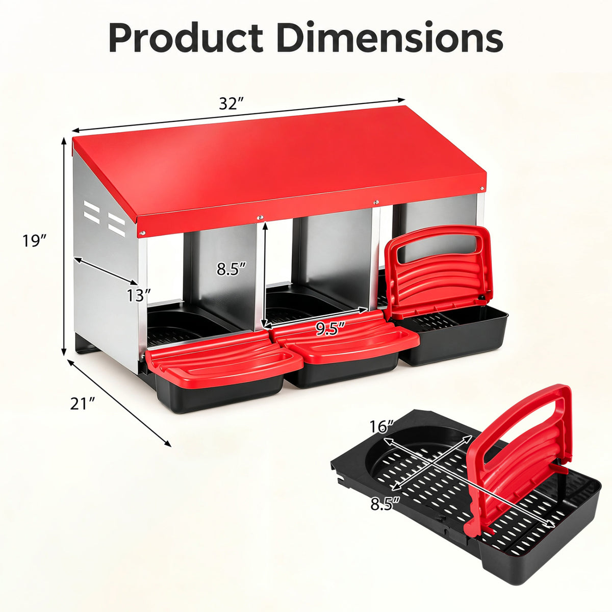 Nesting box shown with measurement arrows, alongside a close-up of a removable tray and red landing step.