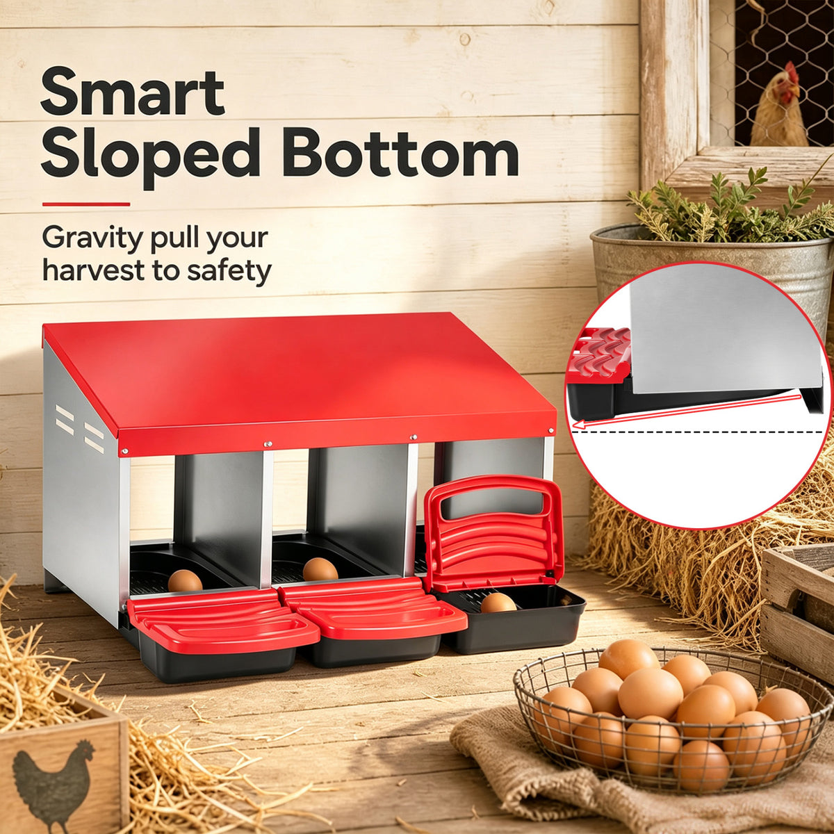 Red three-compartment nesting box with black egg trays and red steps beside a basket of eggs.