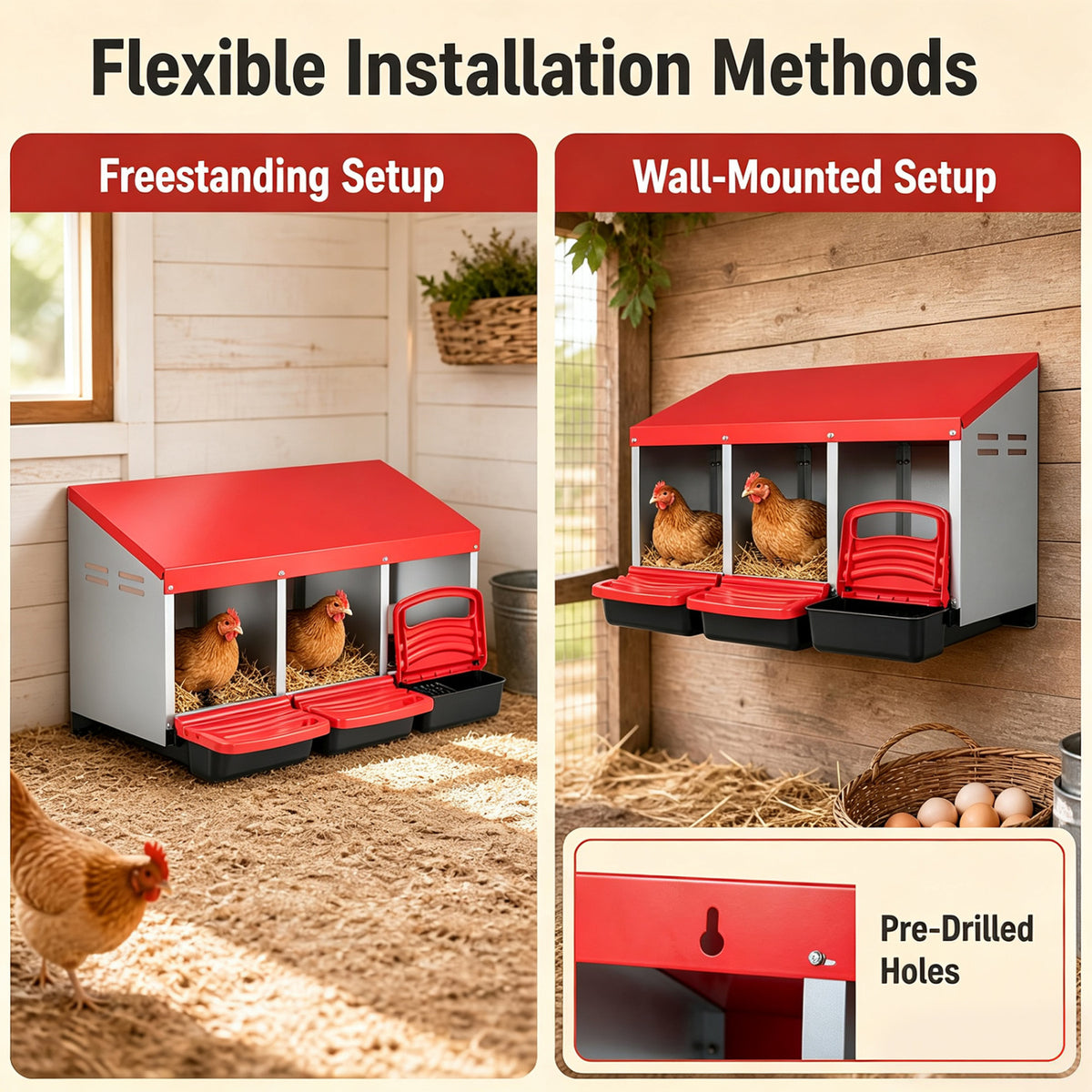 Nesting box shown freestanding on coop bedding and mounted on a wall, with chickens inside.