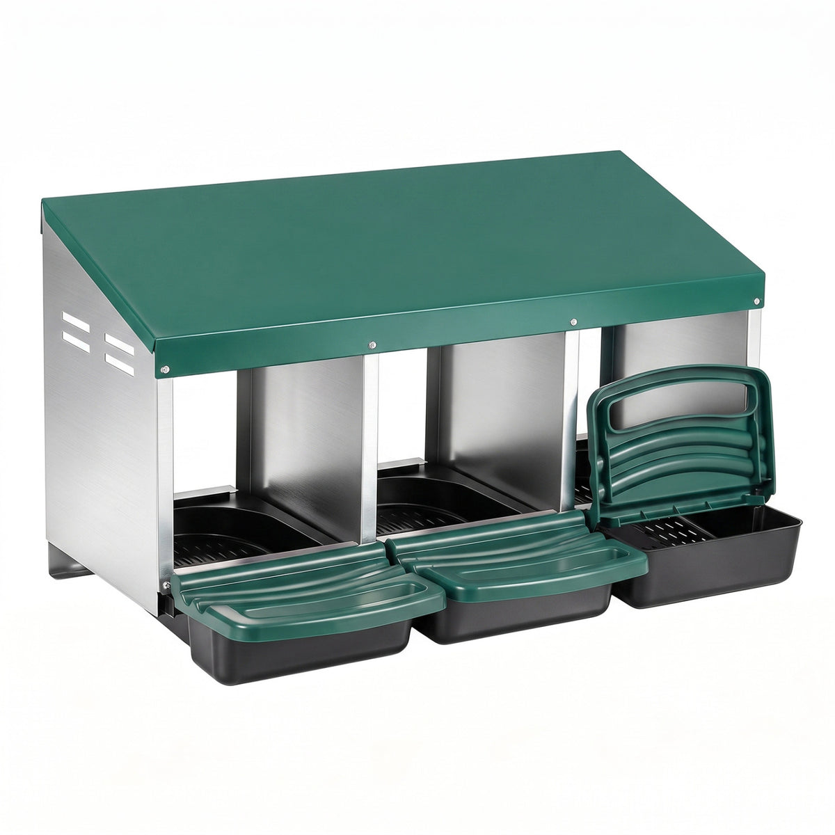 Three-compartment nesting box with green landing steps and removable black trays against a white background.
