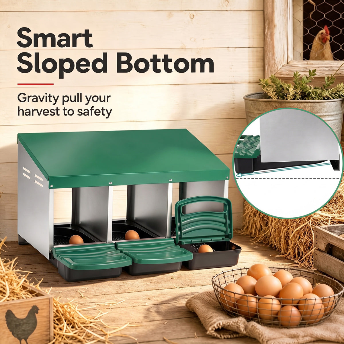 Green nesting box with eggs in its compartments beside a basket of eggs, with an inset showing the sloped floor.