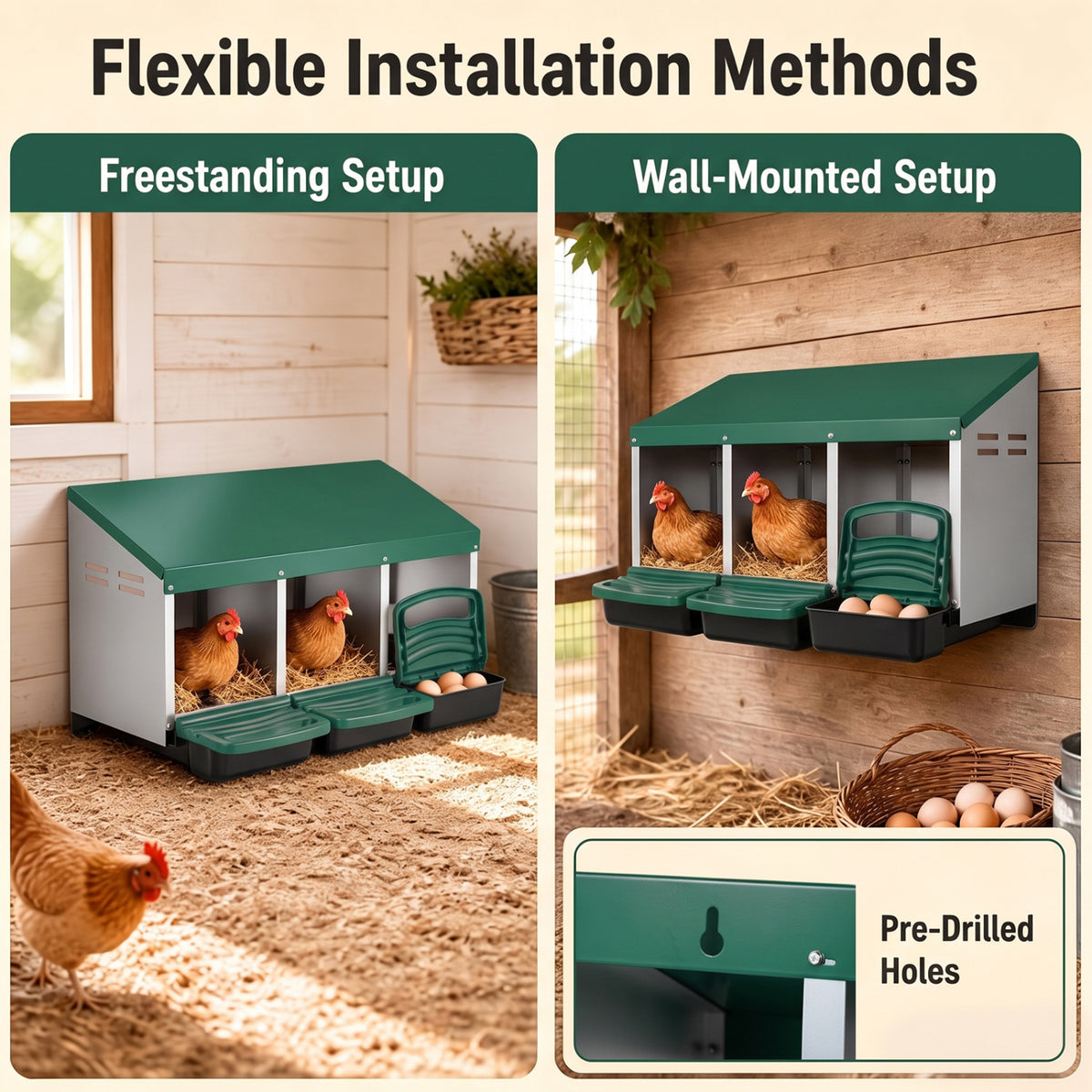 Side-by-side scenes show the nesting box standing on the floor and mounted on a coop wall, with hens nearby.
