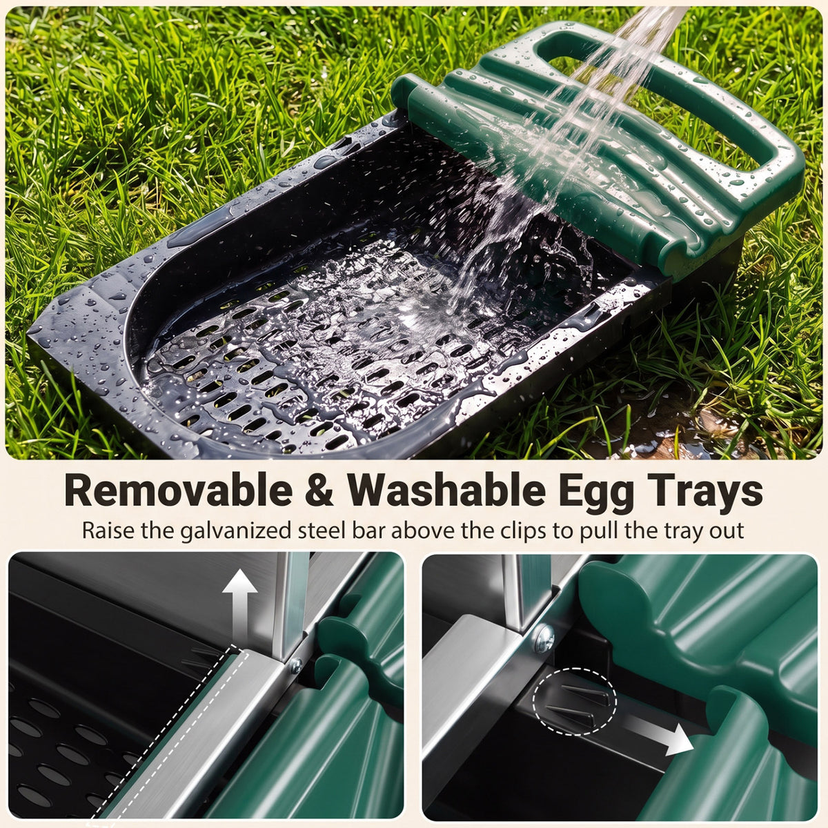 Water rinses a removable black egg tray outdoors, with close-ups showing how the tray releases from the box.