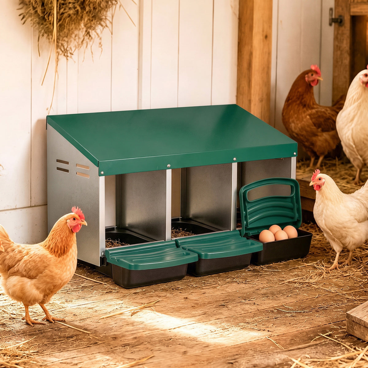 Green-roofed nesting box with open trays and eggs, set on straw among chickens.