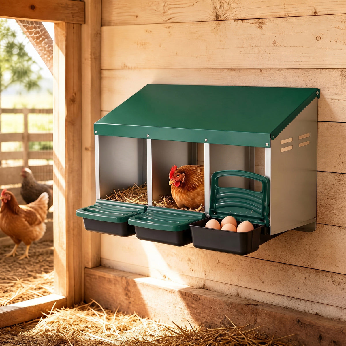 Nesting box mounted on a wooden wall, with a hen inside and eggs in an open tray.