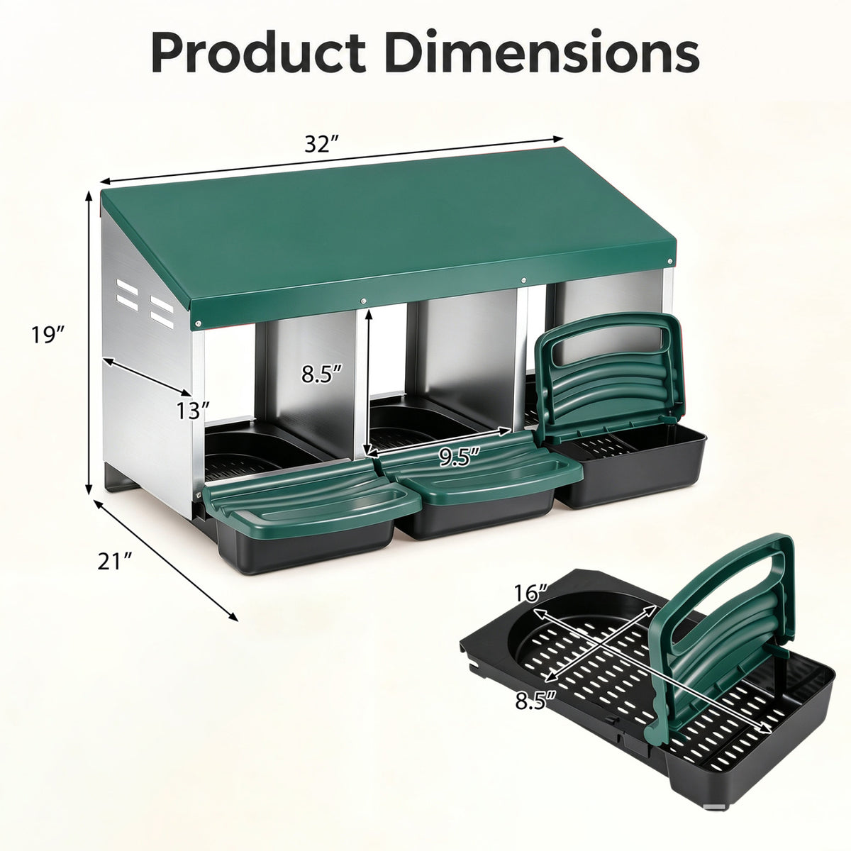 Green three-compartment nesting box with removable trays and a separate tray shown with measurement arrows.