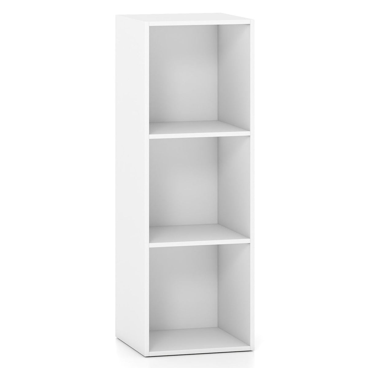 Unfilled white three-cube bookshelf shown alone against a plain background.
