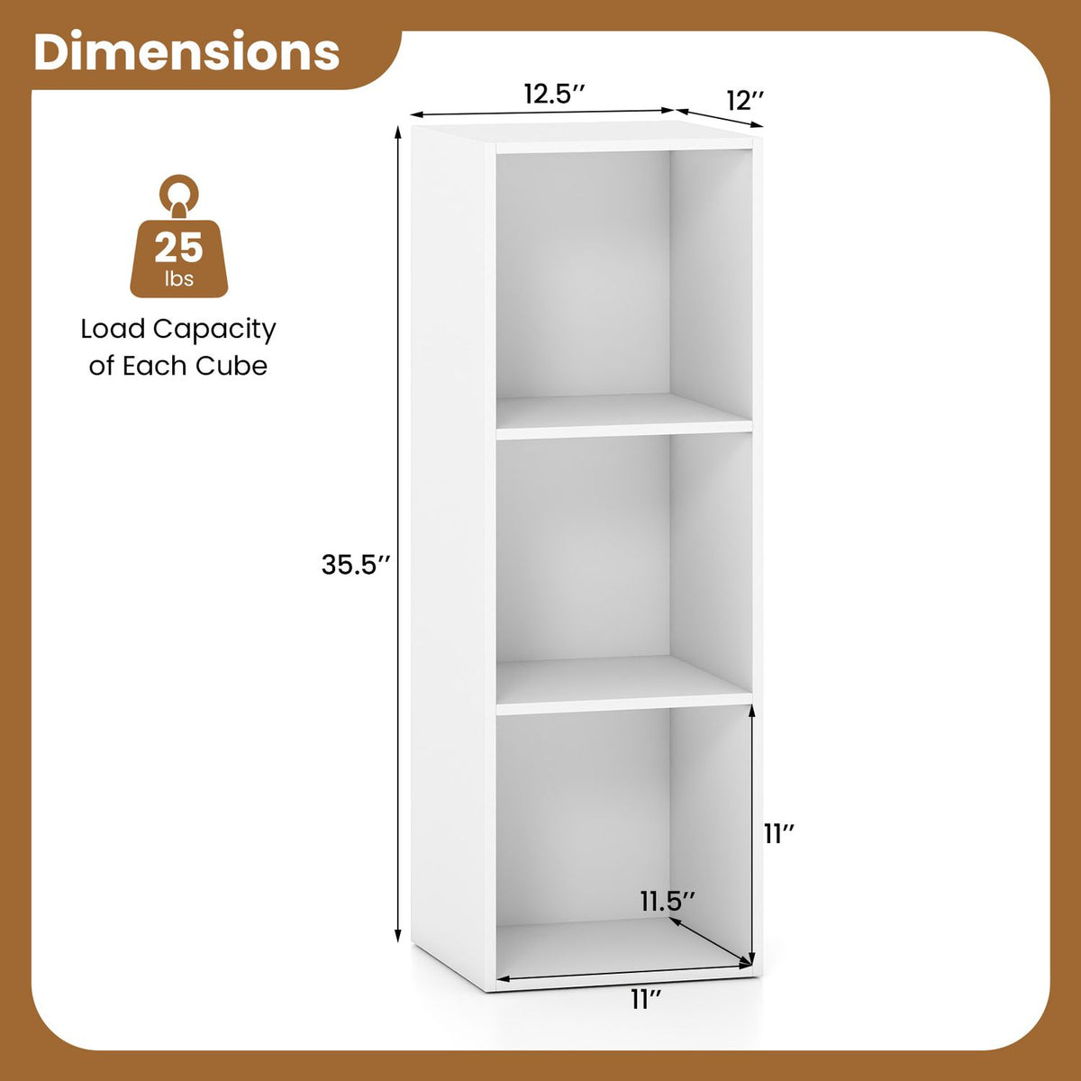 White three-cube bookshelf shown from the front and side with measurement arrows.