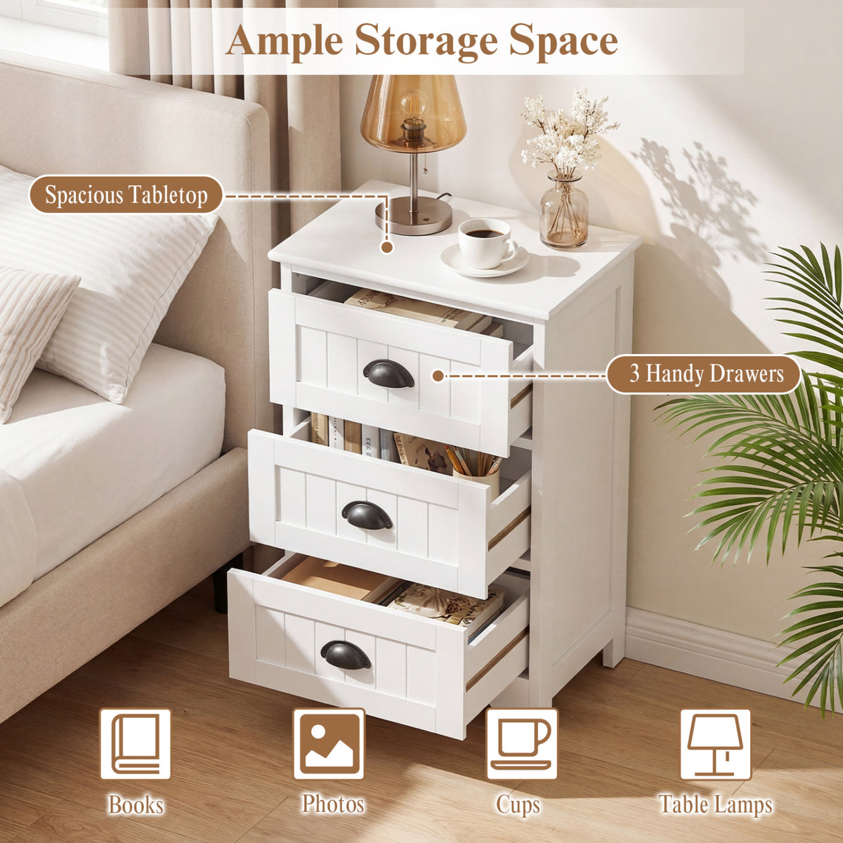3 Drawers End Storage Wood Side Nightstand