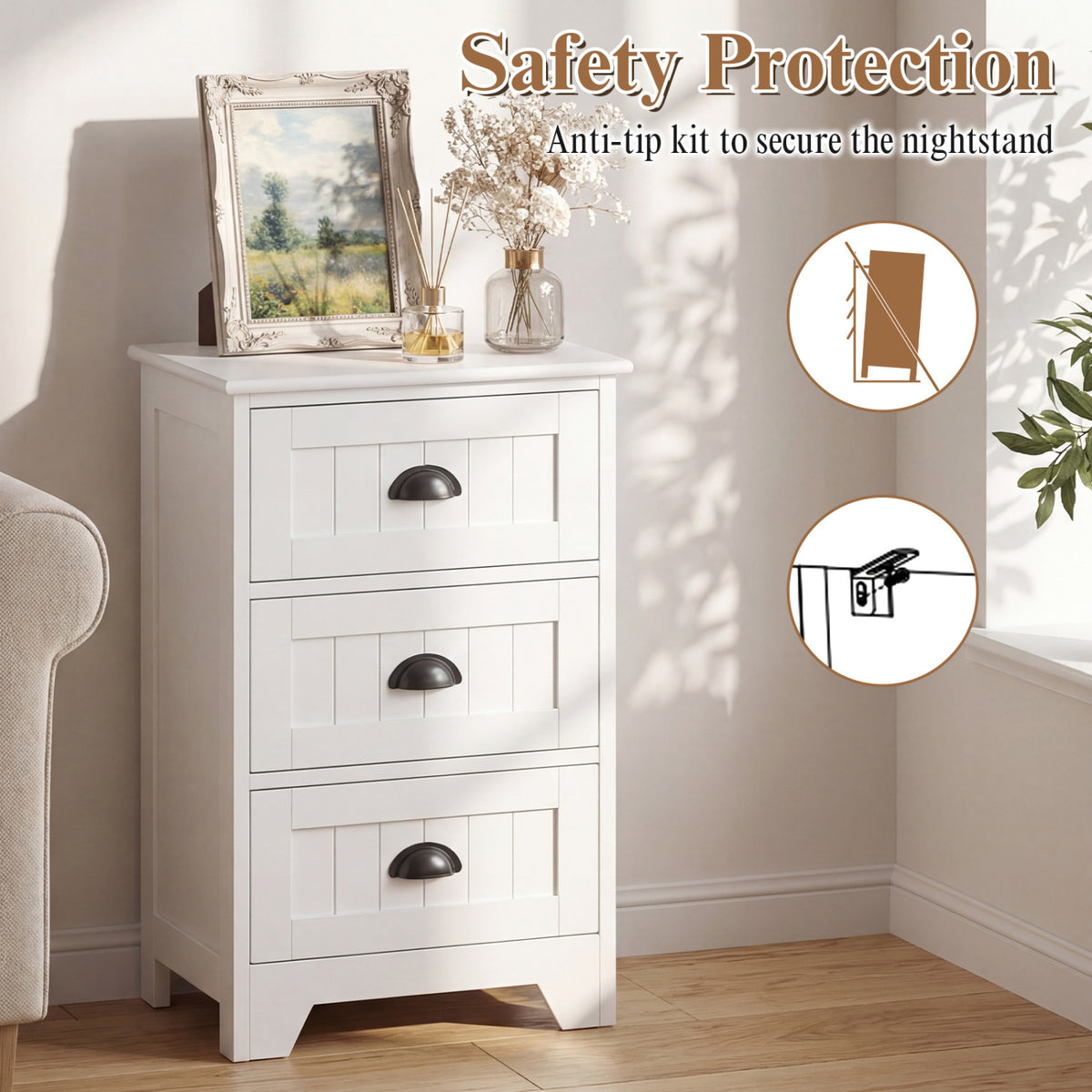 3 Drawers End Storage Wood Side Nightstand