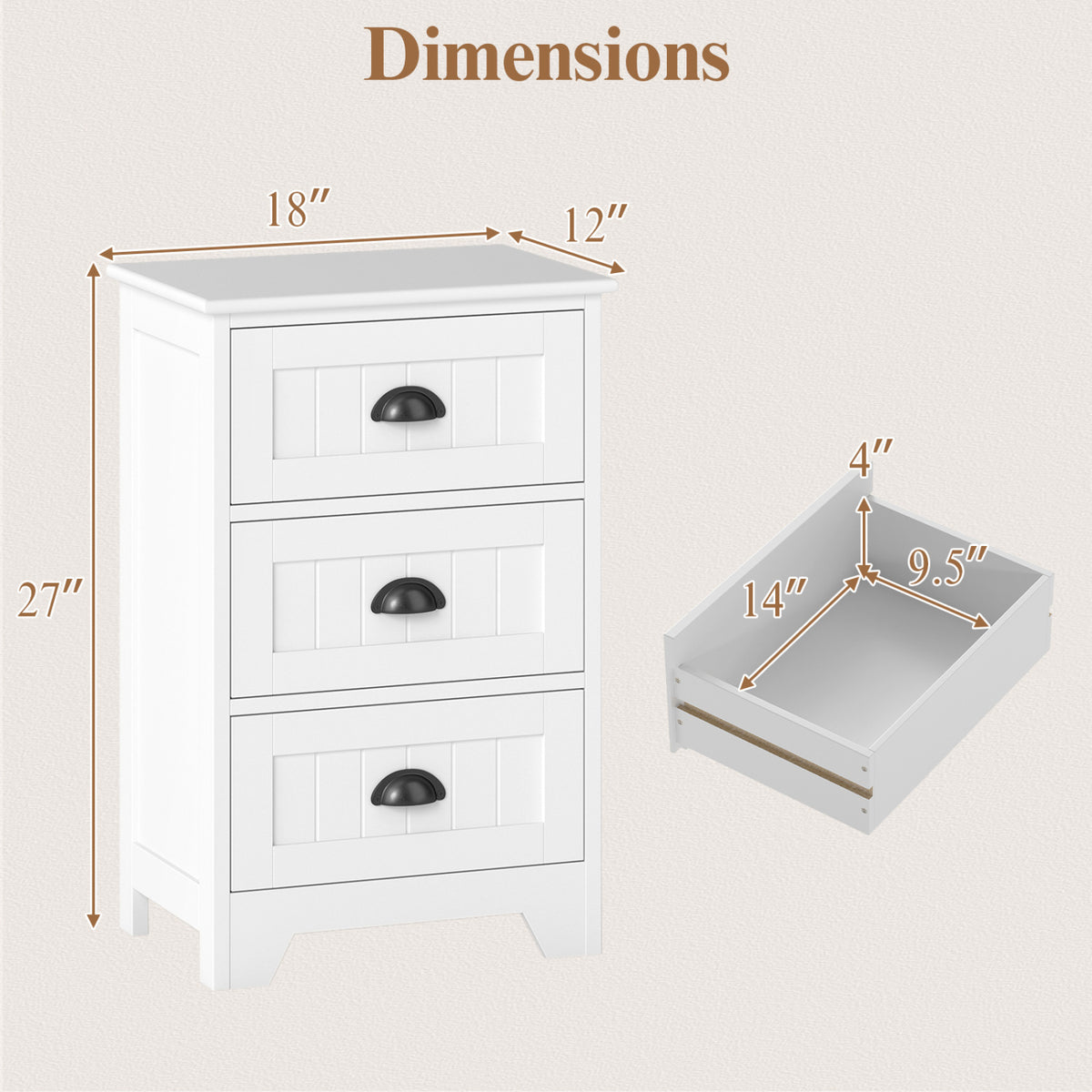 3 Drawers End Storage Wood Side Nightstand