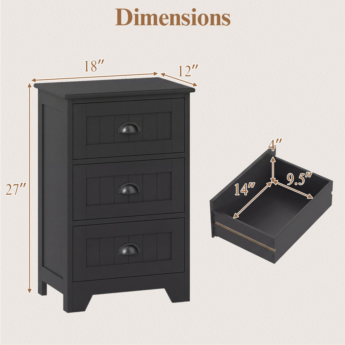 3 Drawers End Storage Wood Side Nightstand