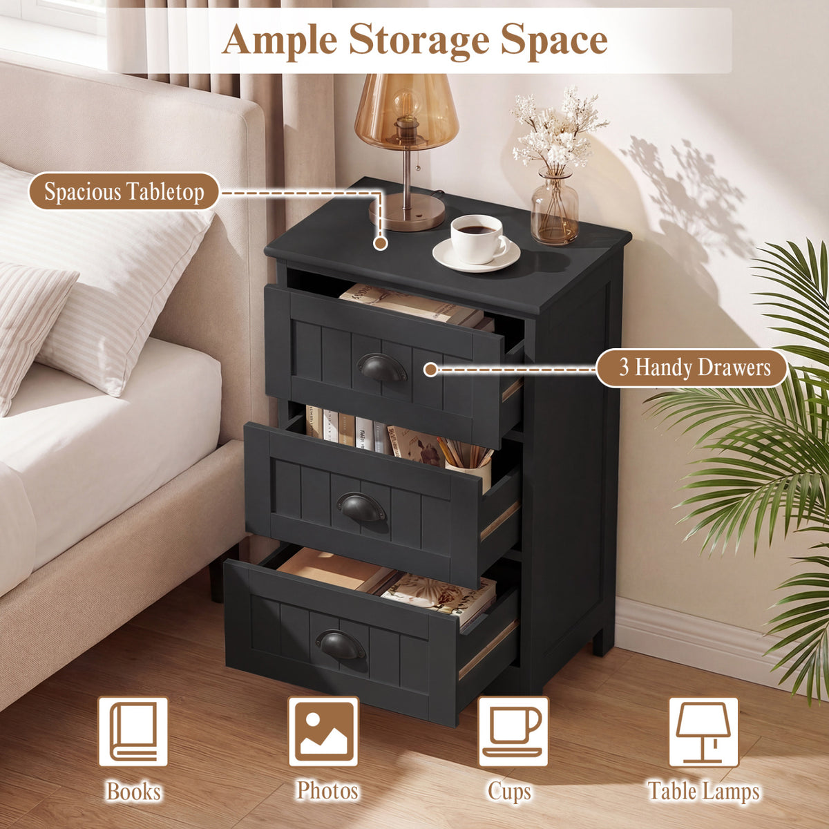 3 Drawers End Storage Wood Side Nightstand