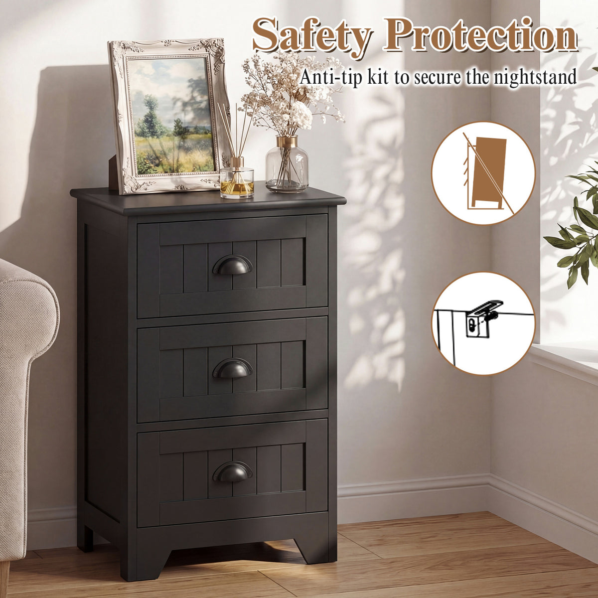 3 Drawers End Storage Wood Side Nightstand