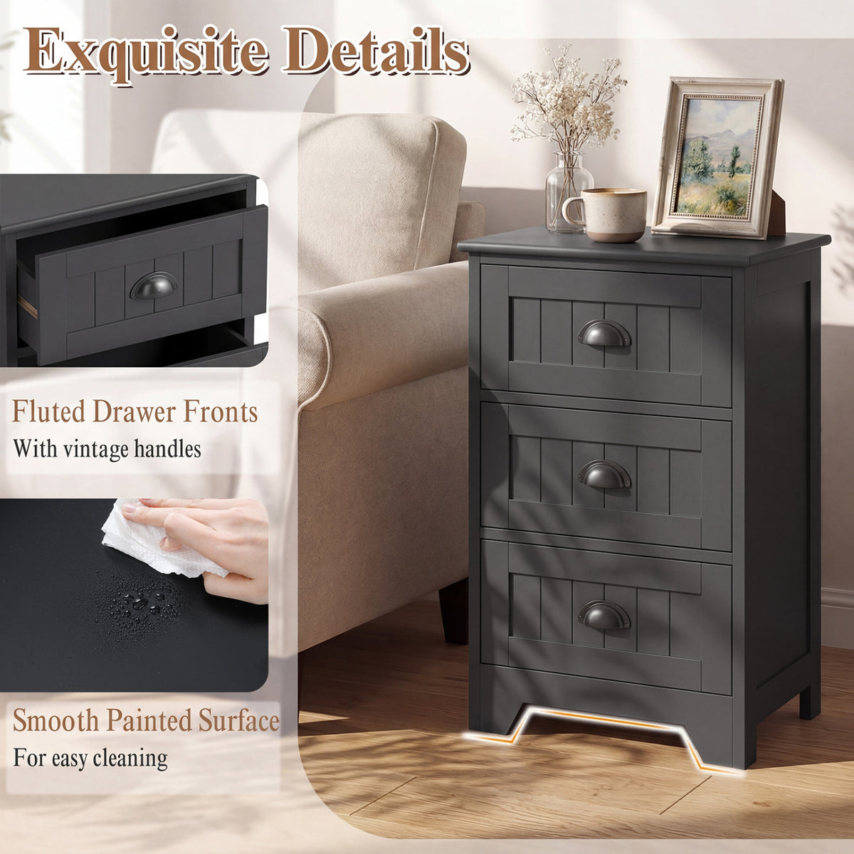 3 Drawers End Storage Wood Side Nightstand