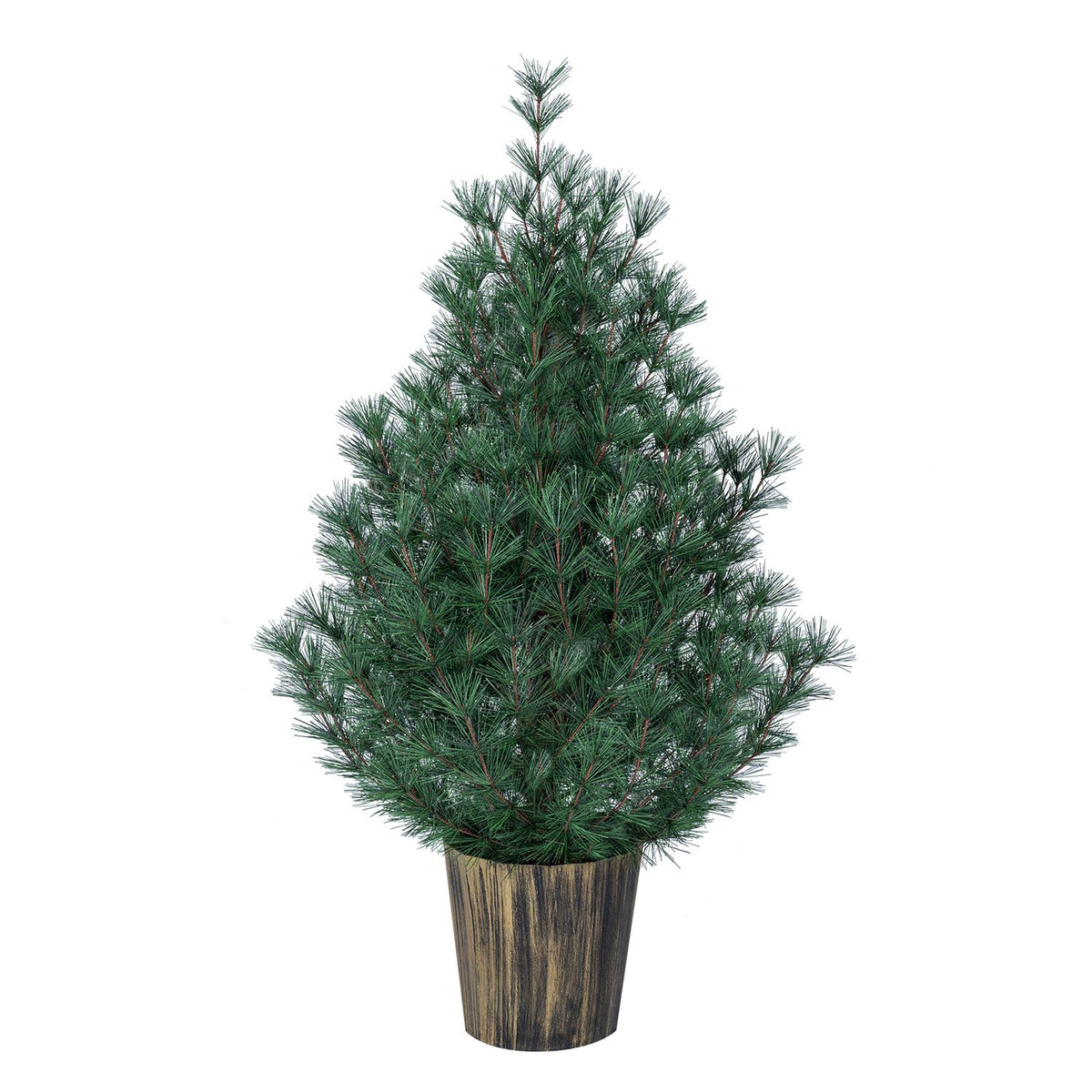 Green artificial Christmas tree in a distressed-look pot against a white background