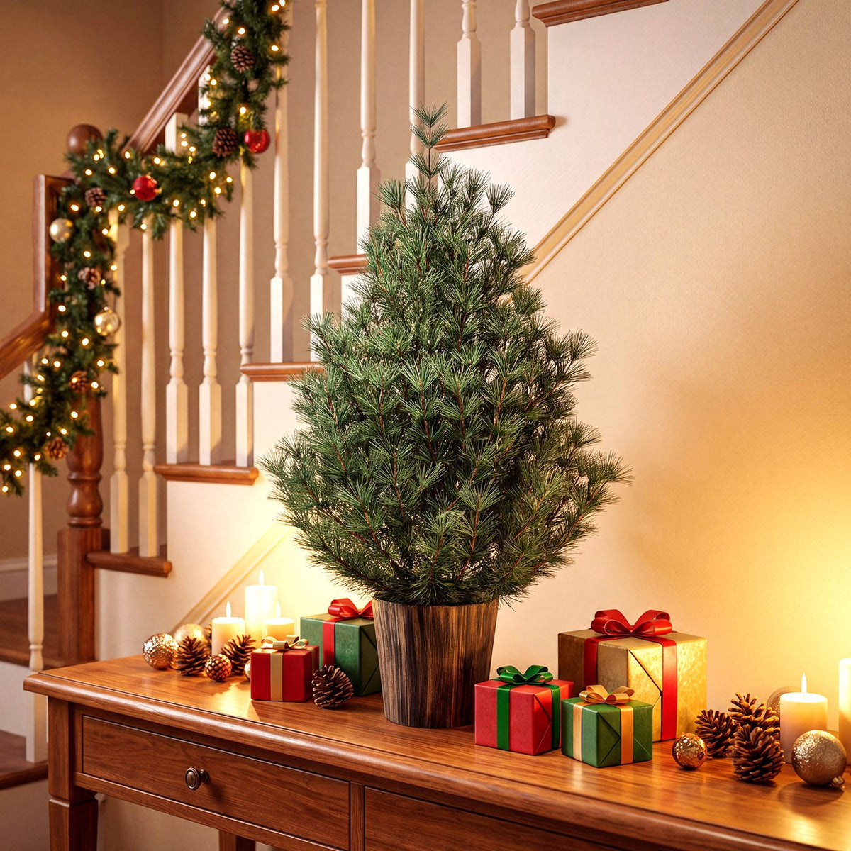 Green artificial Christmas tree in a distressed-look pot on a console with gifts and candles