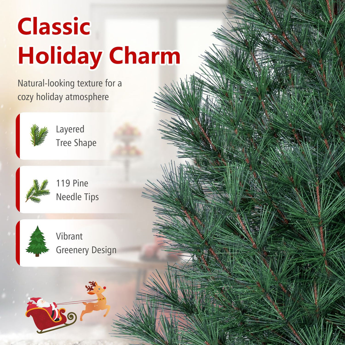 Close-up of green artificial tree branches beside holiday feature callouts